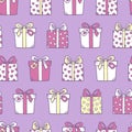 Print for Birthday, Christmas etc. Cute hand drawn seamless pattern with gift boxes and love doodles elements. Royalty Free Stock Photo